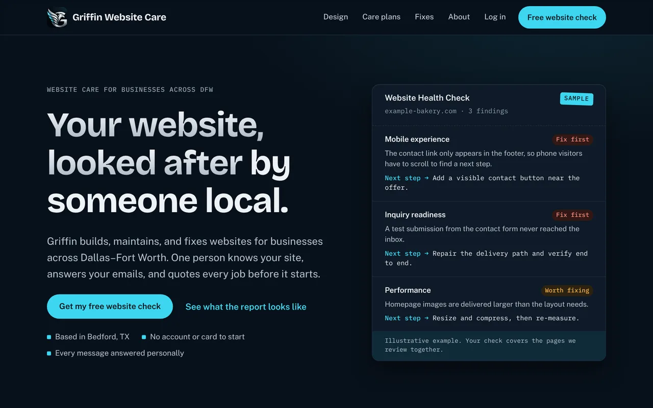 The homepage after the rebuild: dark navy background, the Griffin logo, a plain headline and a sample website health report.